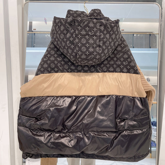 Born Again Denim patchwork hooded down jacket, women