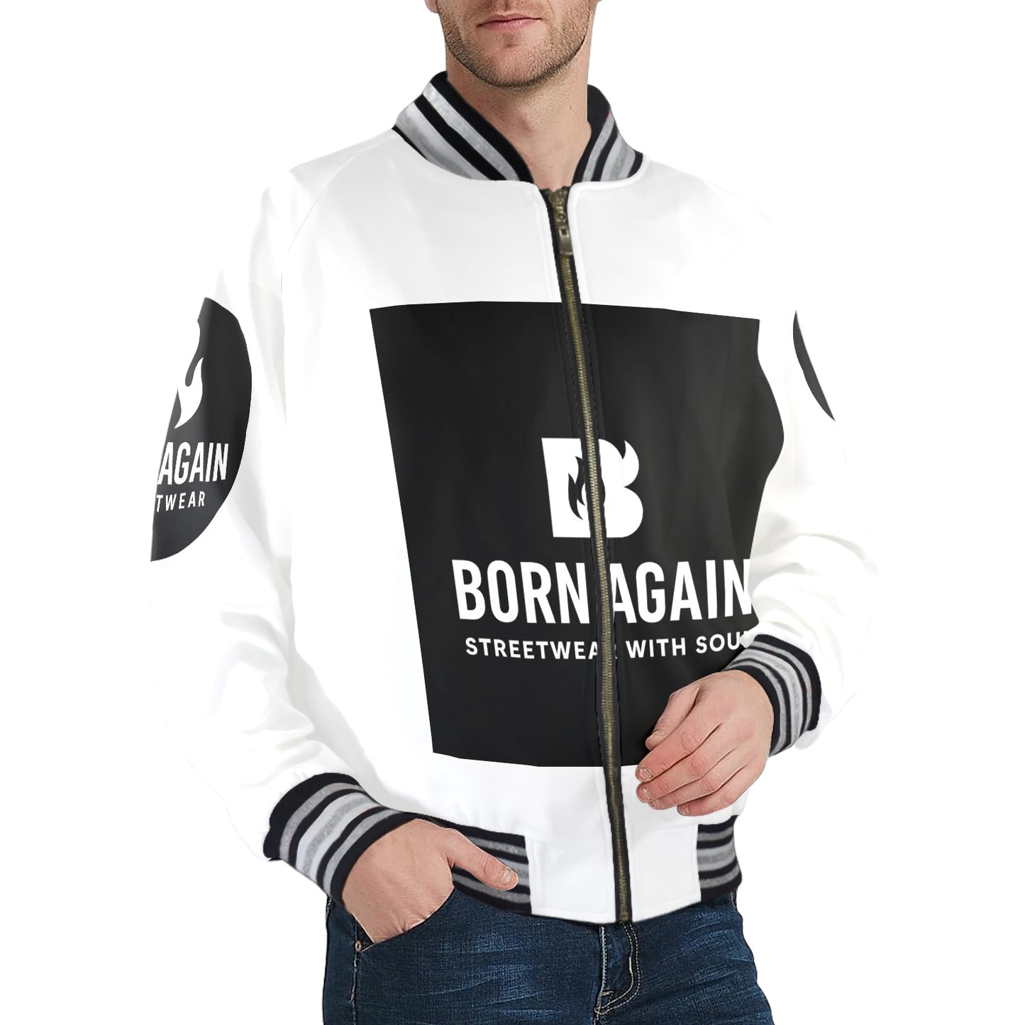 Born Again New Men's Striped Trim Bomber Jacket