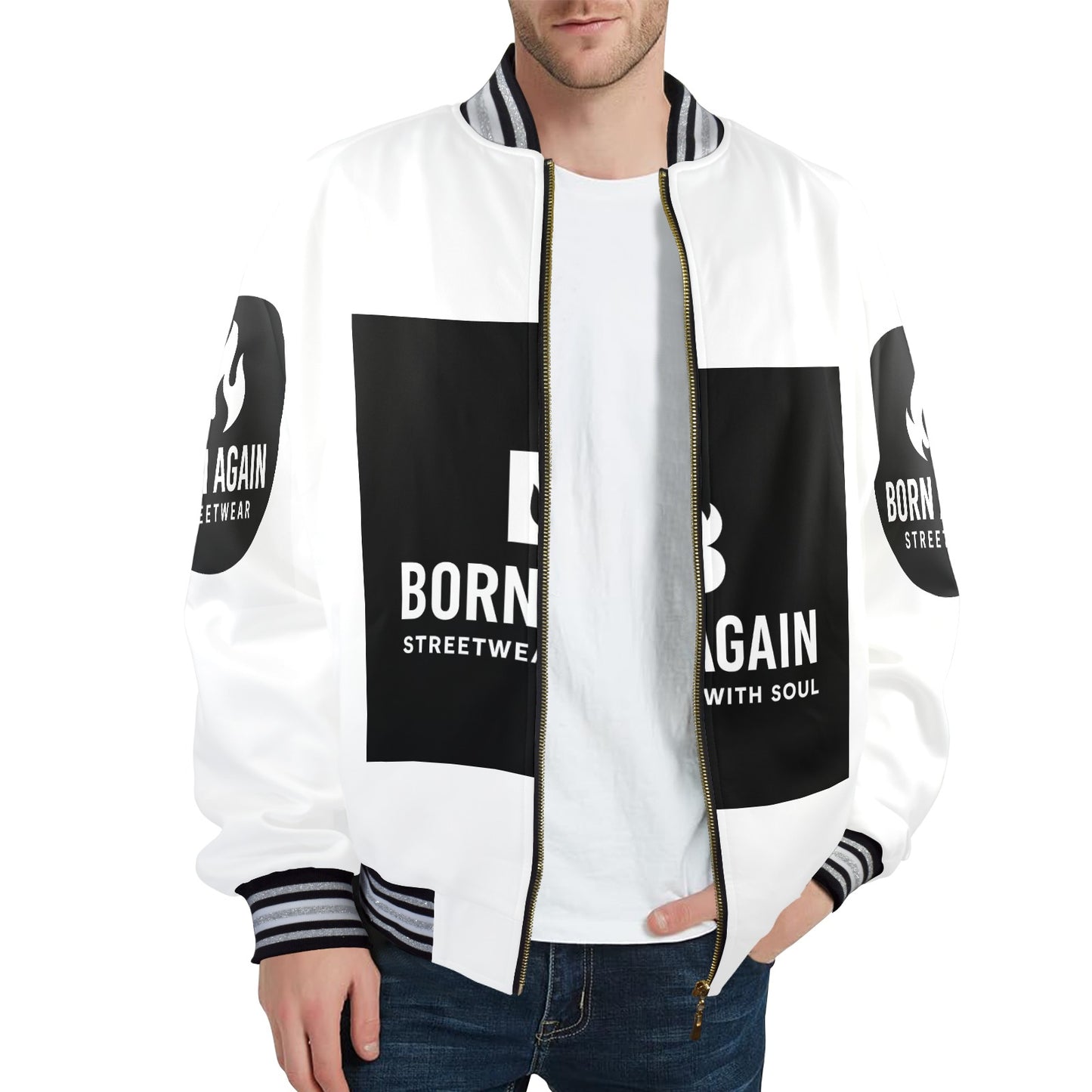 Born Again New Men's Striped Trim Bomber Jacket